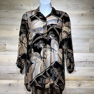 CITRON Santa Monica Velvet Burnout Tunic Blouse Button Up Top Butterflies Large